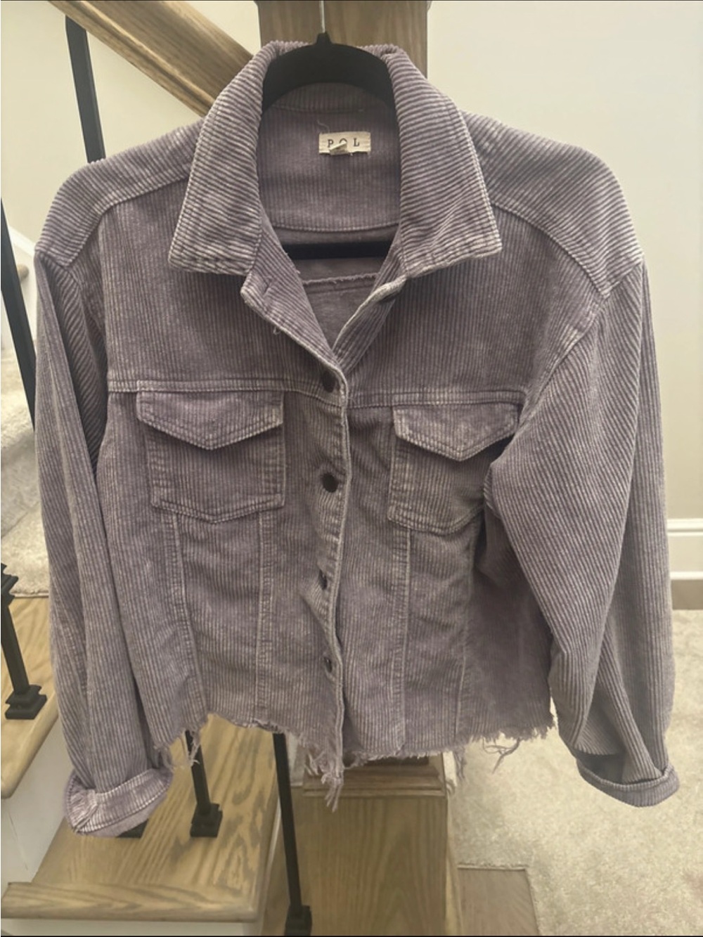 POL Cropped Corduroy Trucker Jacket Lavender Purple Distressed Large